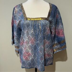 Anthropologie RD + Koko Top Blouse Metallic Gold Blue Medium Aztec NWT